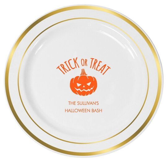 Trick or Treat Pumpkin Premium Banded Plastic Plates